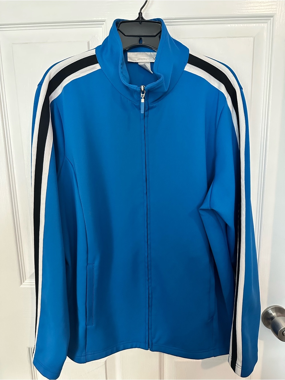 Vintage Venezia Sport Jacket Blue W/Black & White Arm Stripe Full Zip Sz:18/20